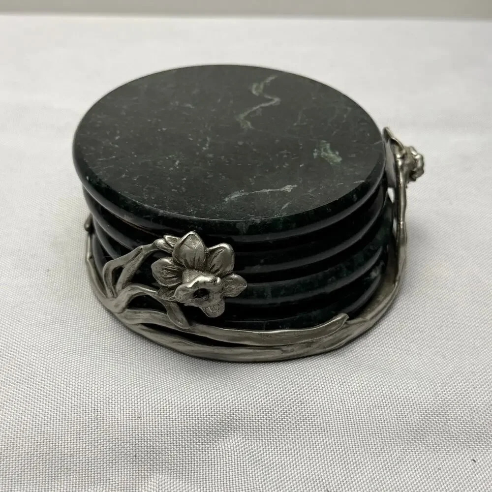 VTG Seagull Pewter 1992 Green Marble Coaster Set 4 Art Nouveau Floral Holder